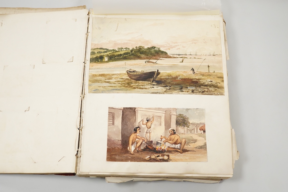 A 19th century album containing watercolours, including Anglo-Indian themes, local scenes, etc., together with engravings, photographs, cuttings, sketches, and other Victorian scrapbook items